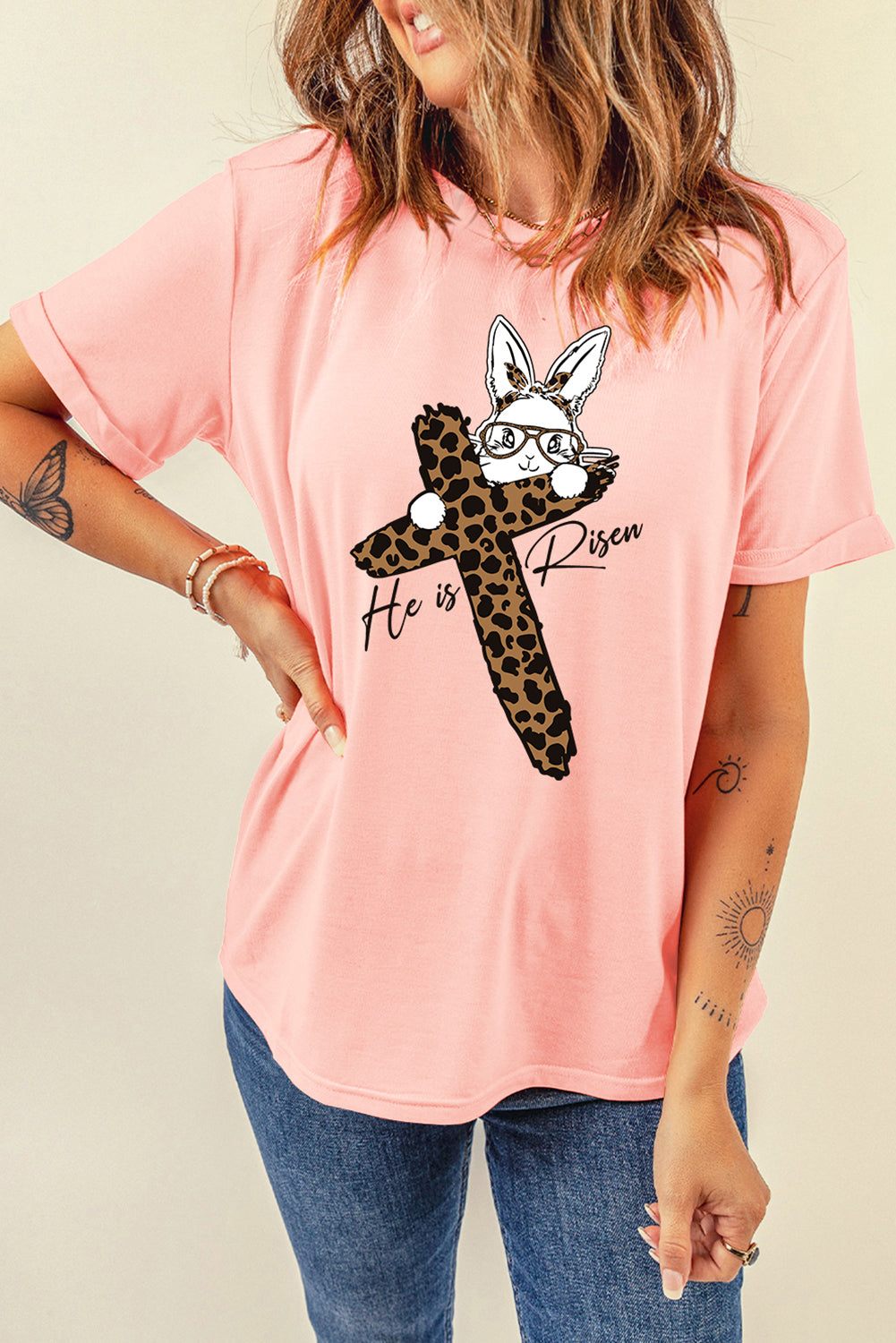 He is Risen Easter Bunny Leopard Cross Graphic Tee