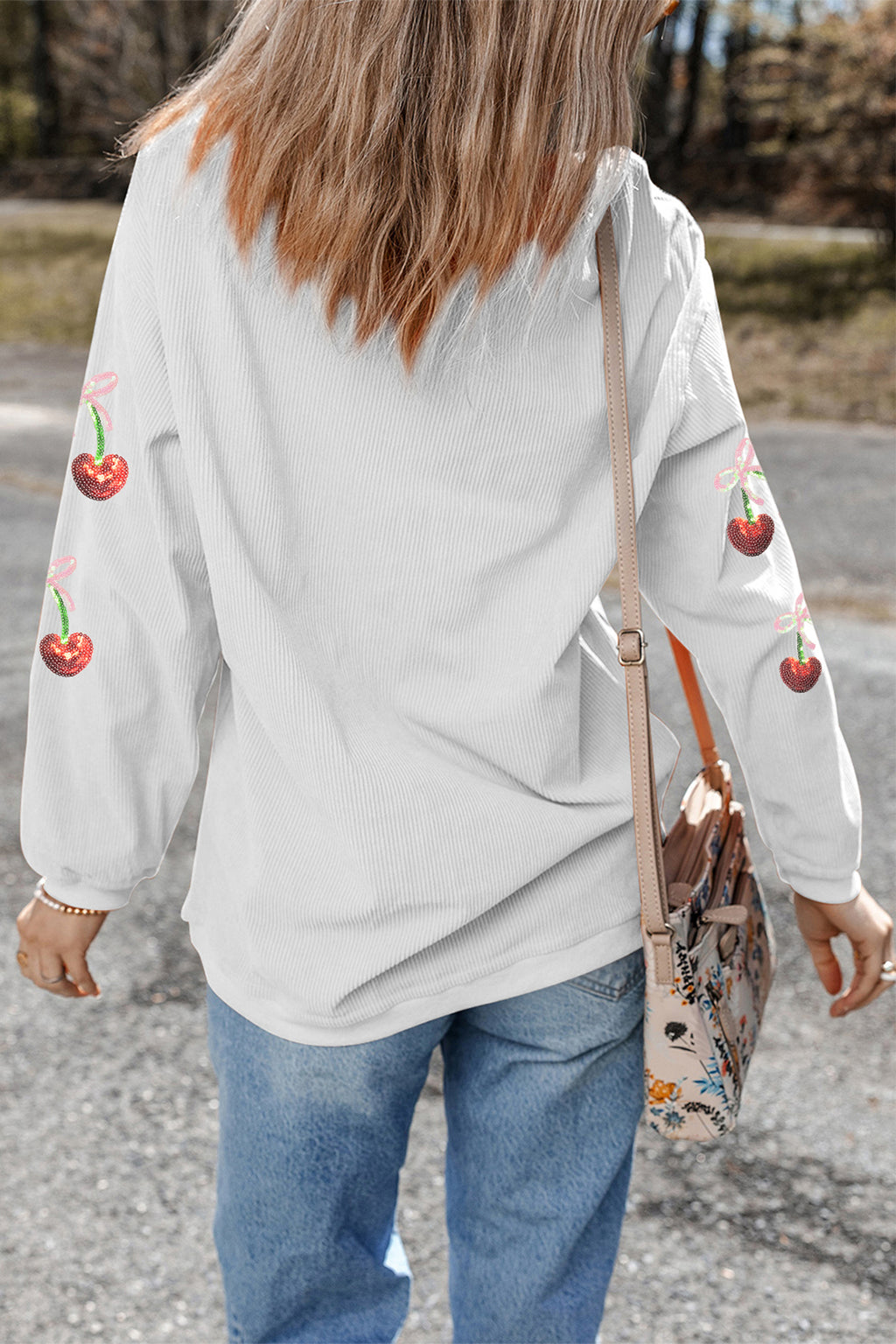 Ribbed Sequin Cherry Bow Drop Shoulder Sweatshirt