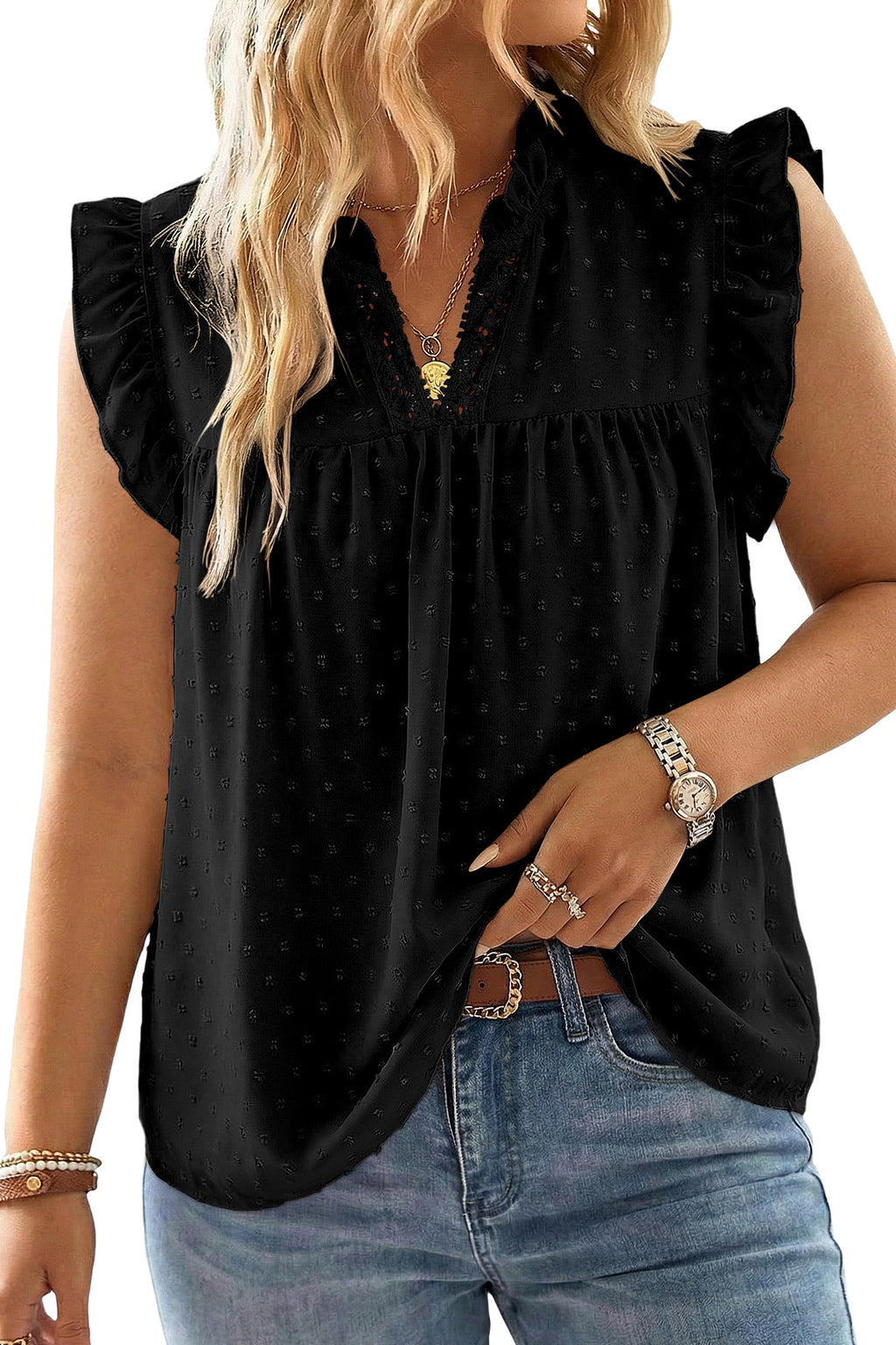 Plus Size Swiss Dot Ruffle Lace V Neck Tank Top