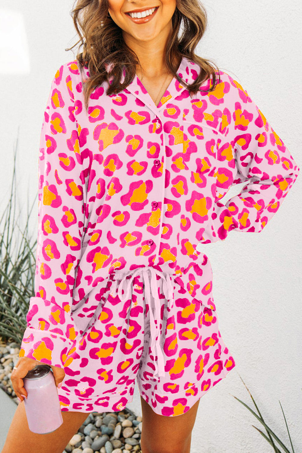 Leopard Long Sleeve Shirt and Shorts Pajama Set