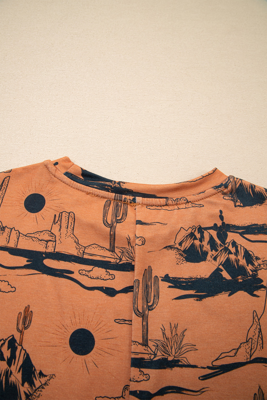 Chestnut Desert Sand Print Short Sleeve Knit Top