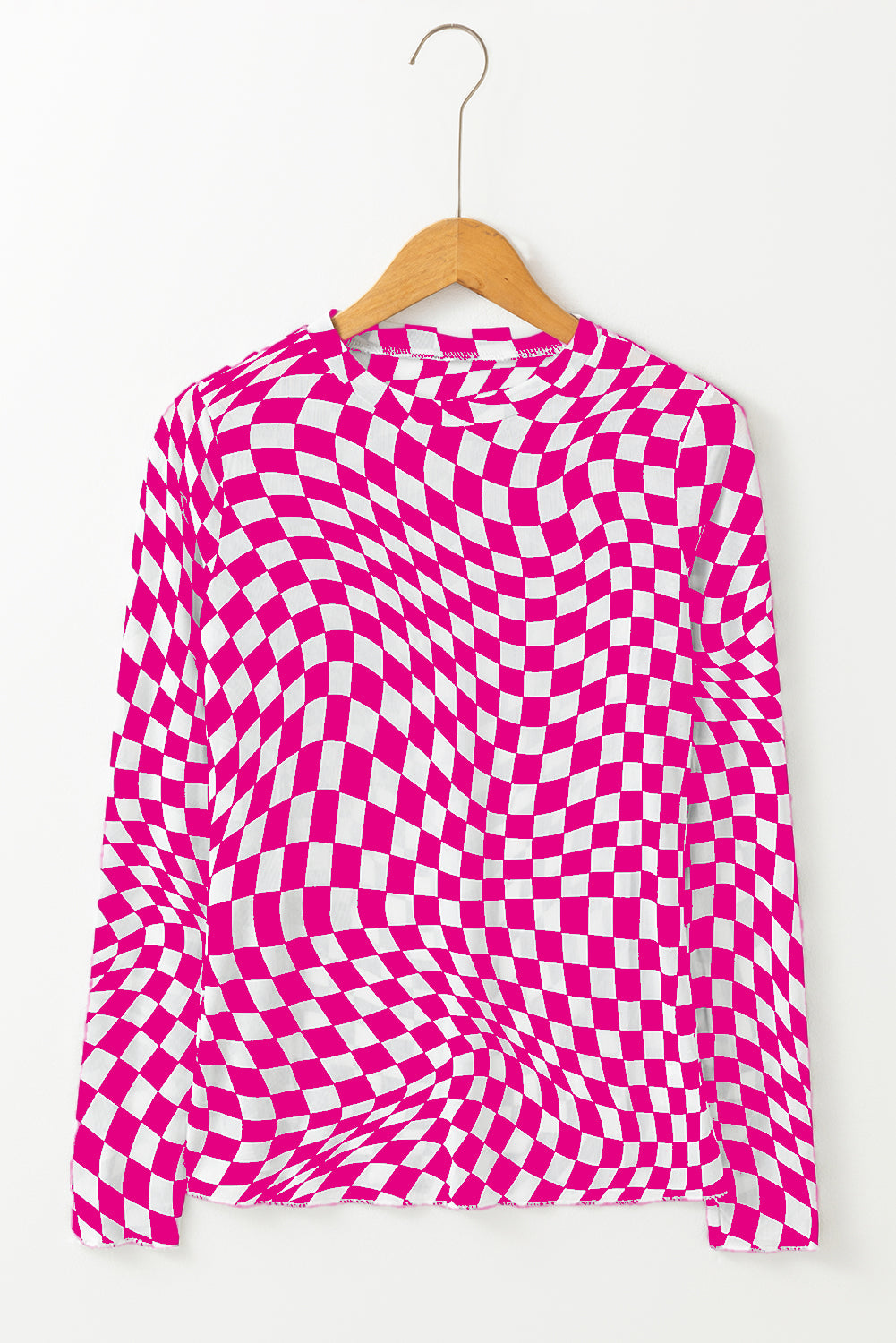 Checkered Pattern Mesh Mock Neck Long Sleeve Top