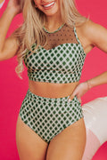 Green Dotted Mesh Plaid Patchwork High Waisted Bikini