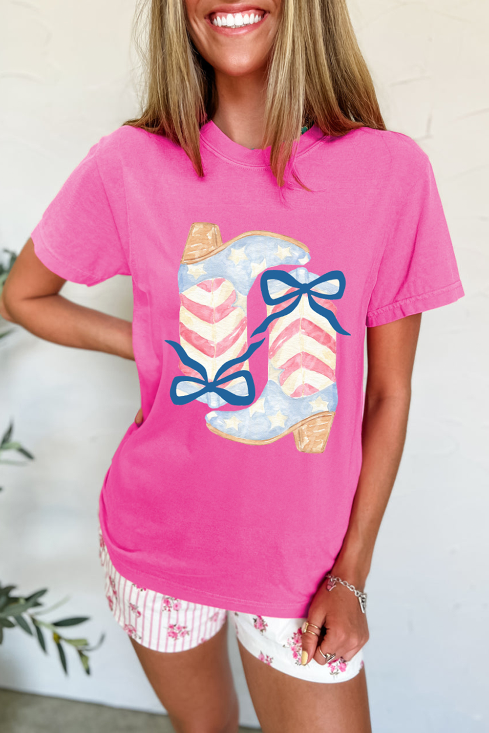 Flag Pattern Boots Bow Casual Graphic Tee