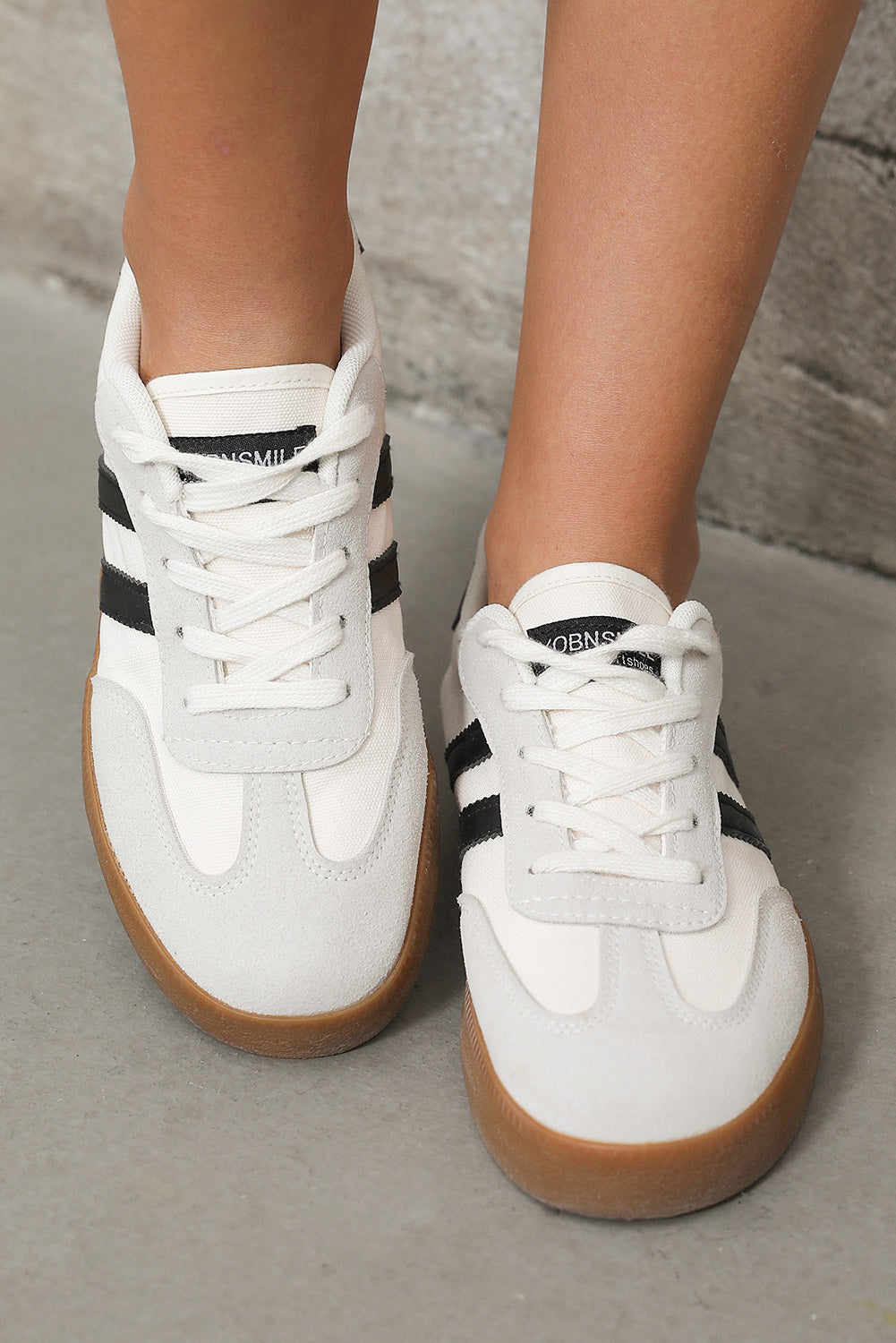 White Striped Lace-Up Flat Sneakers