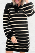 Black Stripe Polo Collar Puff Sleeve Sweater Mini Dress