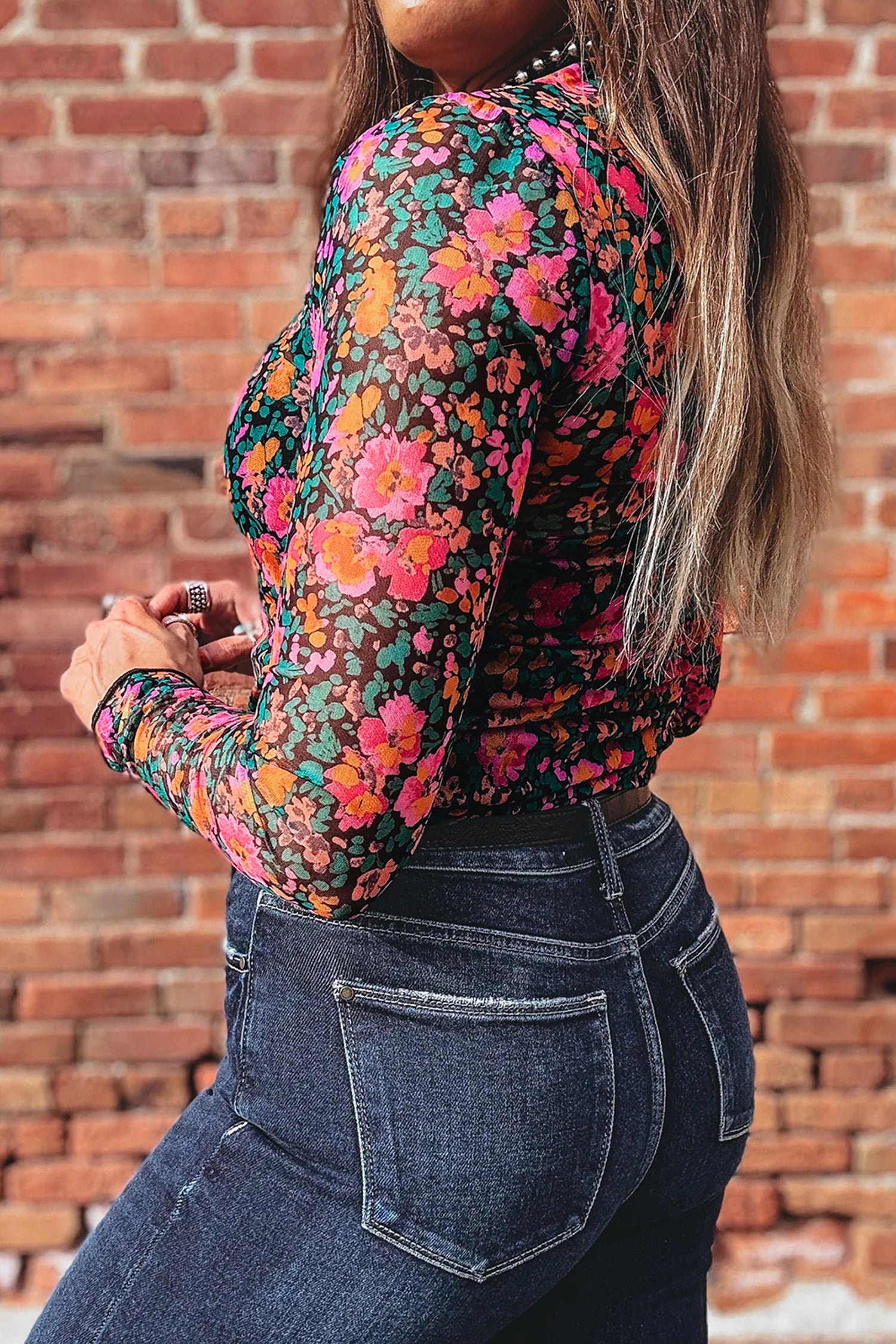 Plus Size Floral Print Mesh Long Sleeve Top