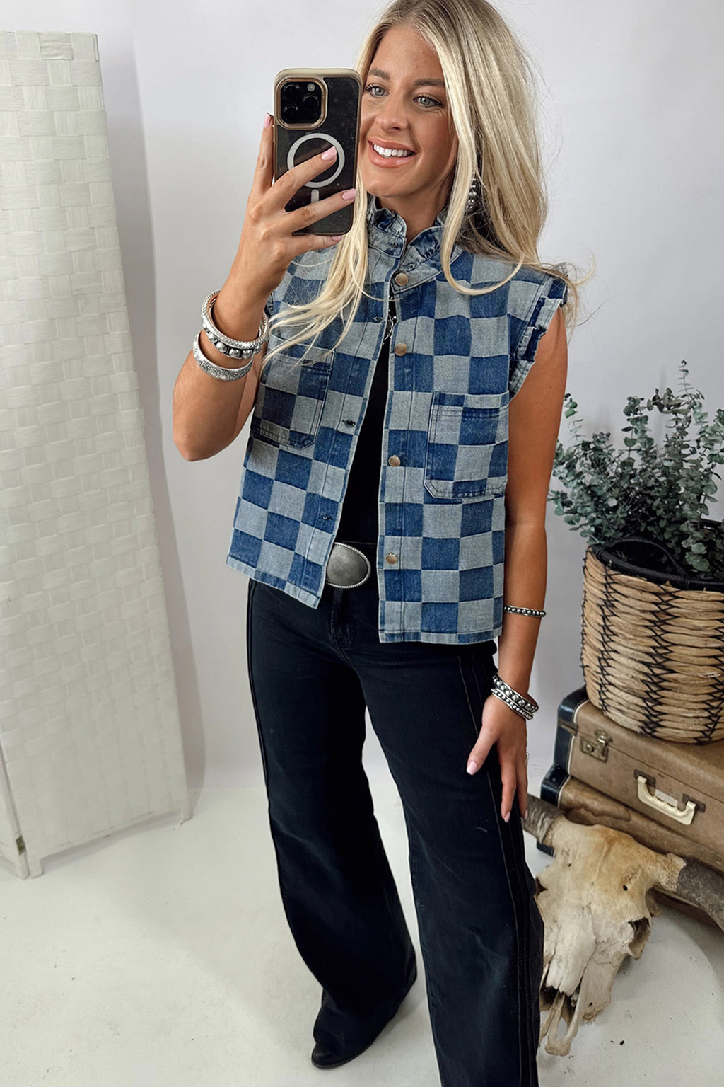 Checkered Ruffle Button Down Denim Vest