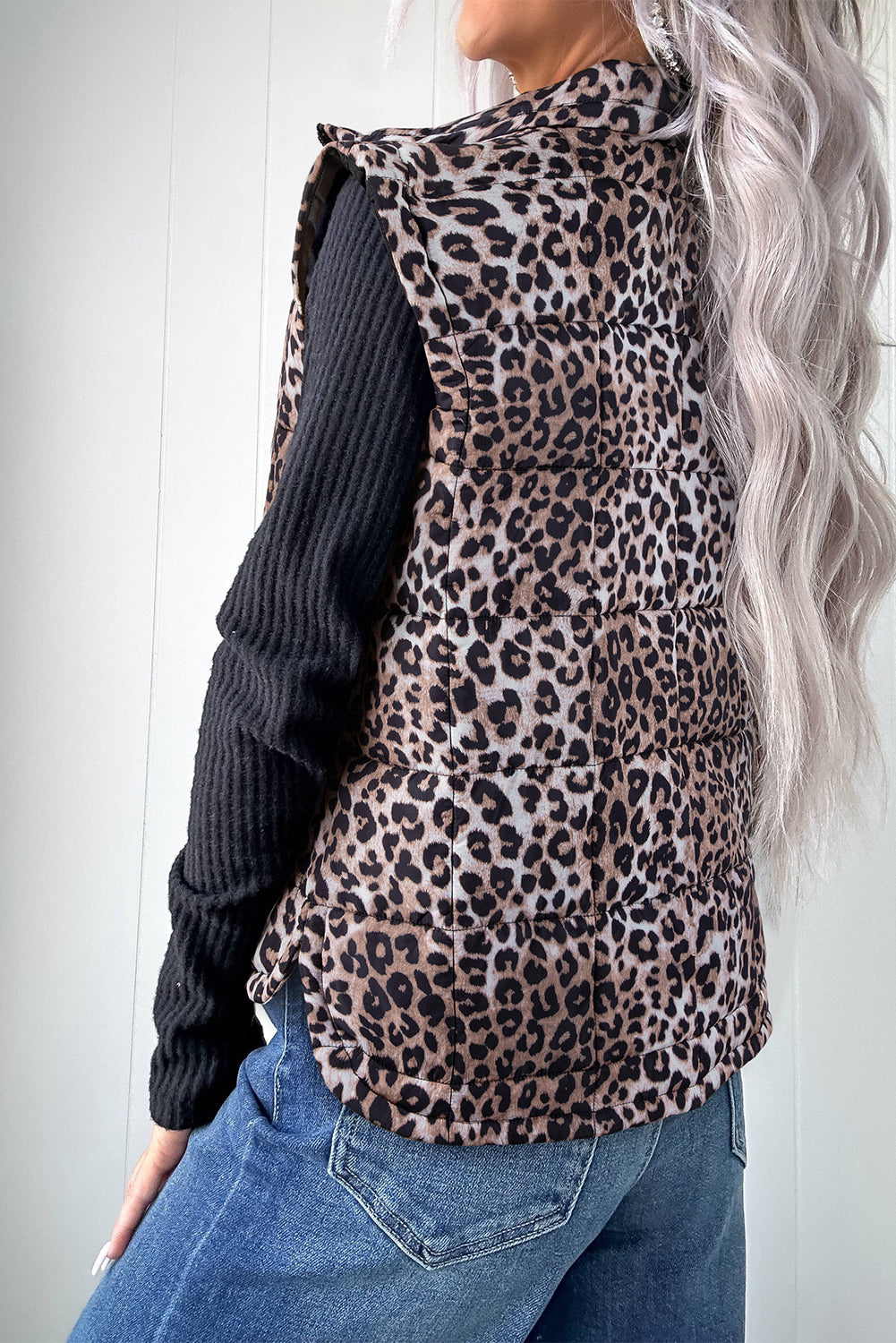 Brown Leopard Quilted Full Zipper Casual Puff Vest