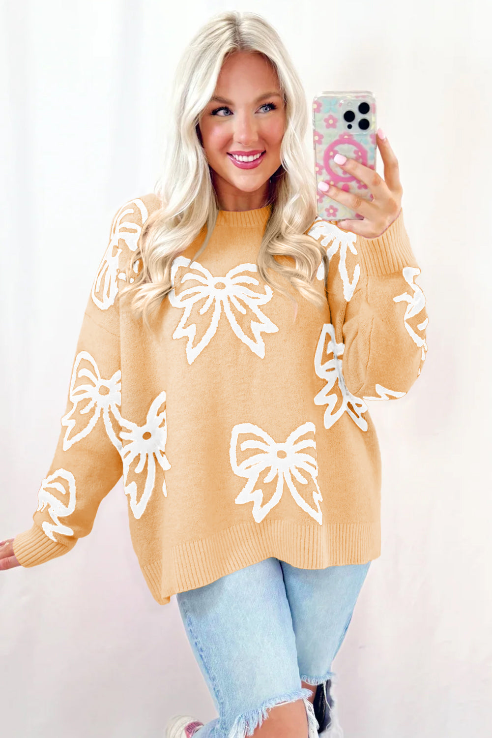 Bow Pattern Drop Shoulder Loose Sweater