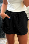 Black French Terry Drawstring Elastic Waistband Mini Skort with Pockets