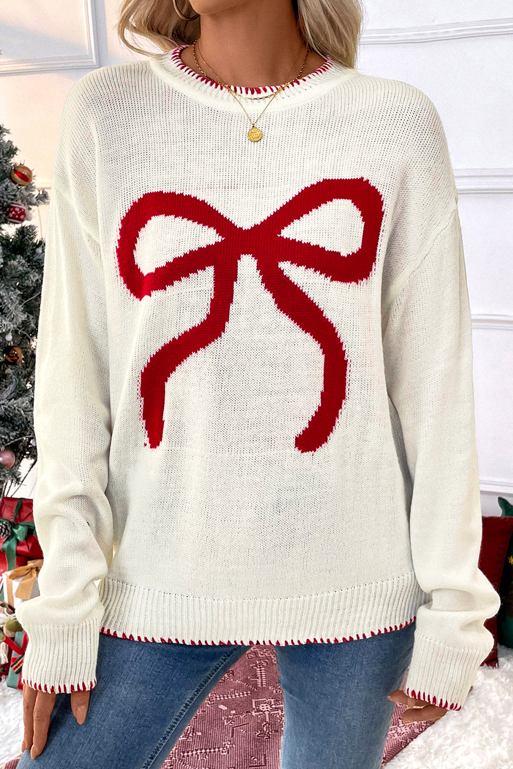 Bow Pattern Loose Graphic Sweater