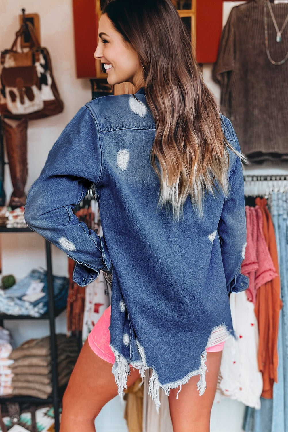 Distressed Frayed Long Denim Jacket