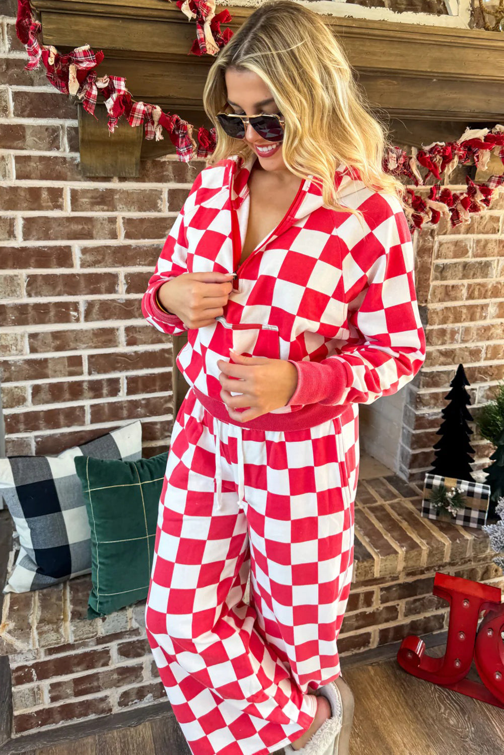 Checkered Half Zip Hoodie & Loose Pant Set