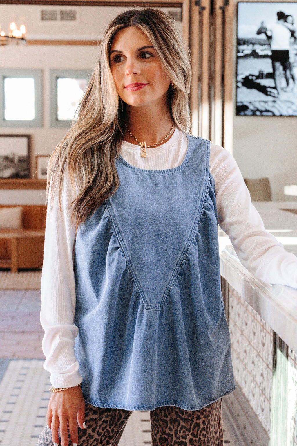 Denim Pleated Patchwork Sleeveless Top