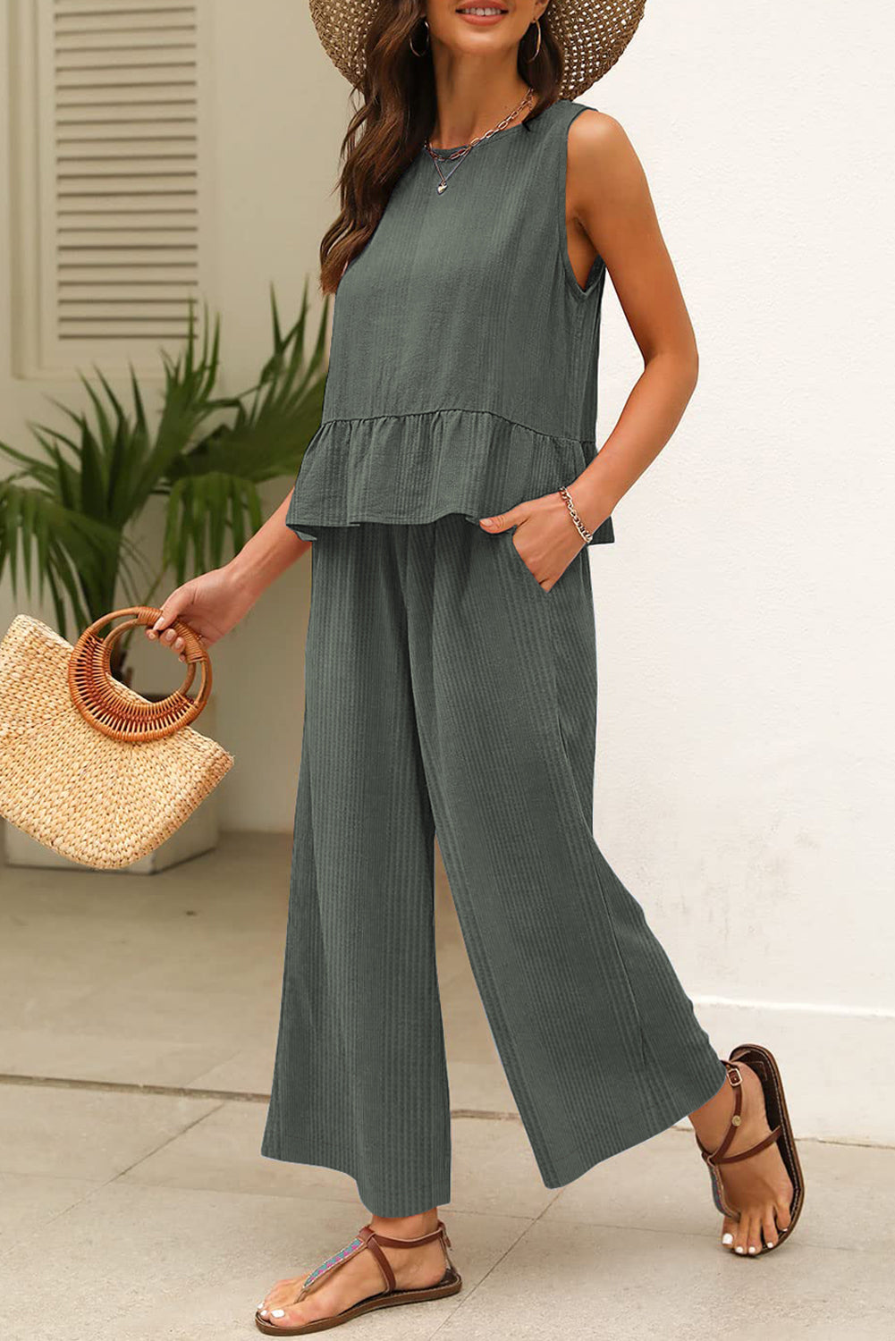 Duffel Green Solid Color Ribbed Ruffle Tank Top and Pants Set