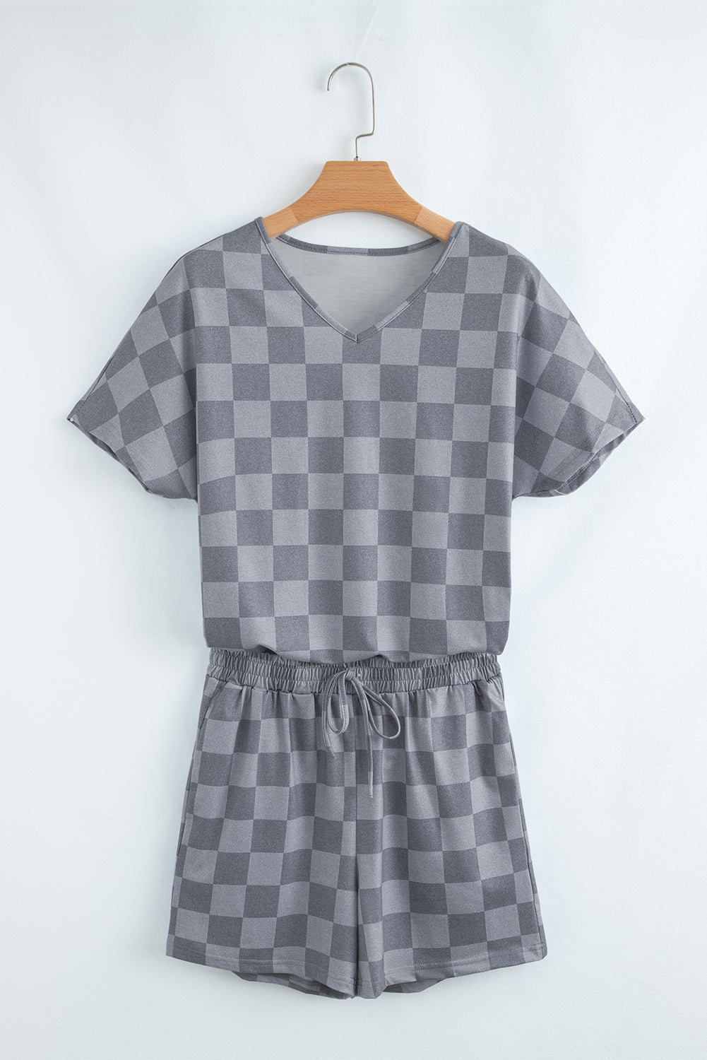 Checkered V Neck Tee & Drawstring Shorts Lounge Set
