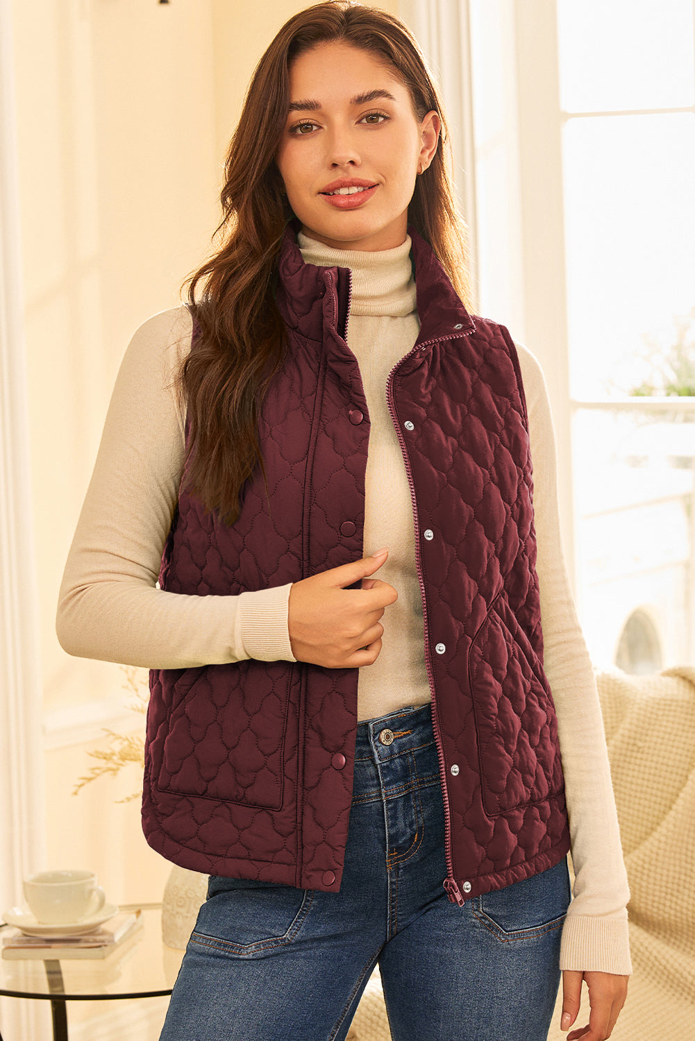 Quilted Snap Button Zip Up Vest