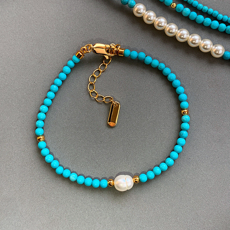 Pearl And Turquoise Bead Bracelet & Necklace