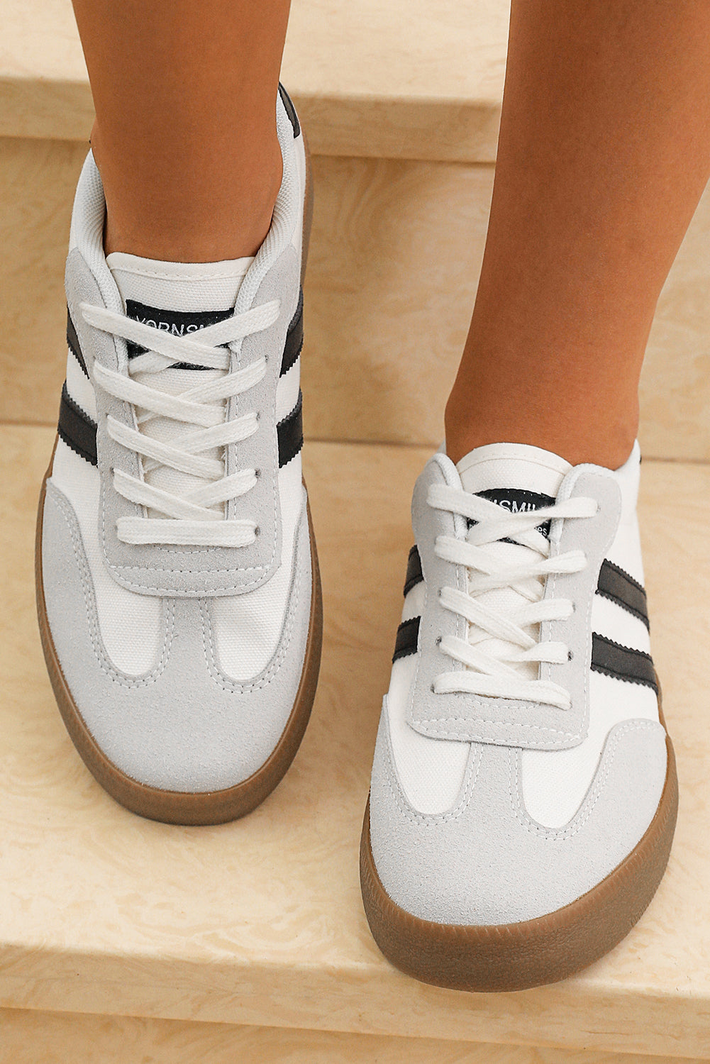 White Striped Lace-Up Flat Sneakers