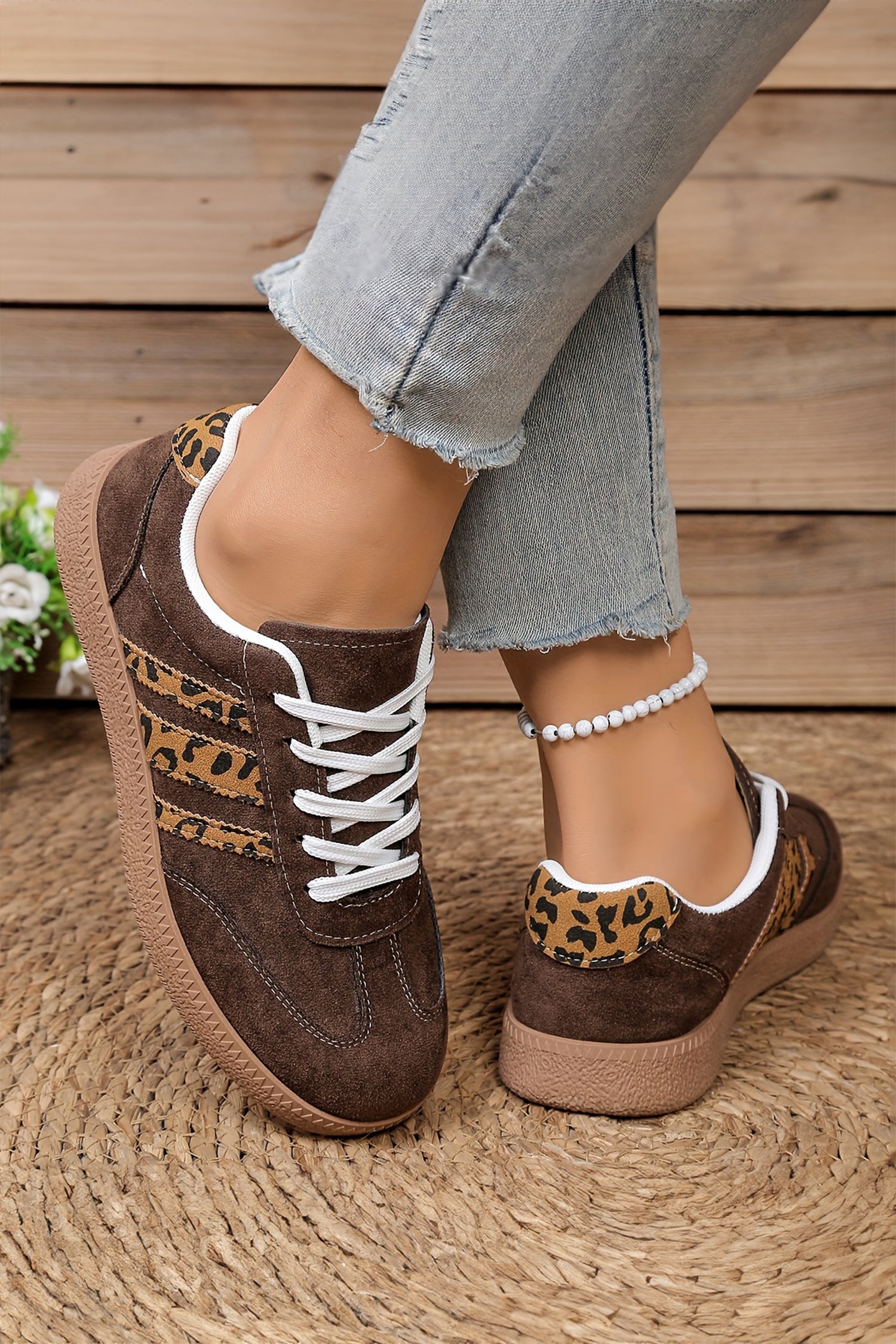 Coffee Lace-up Leopard Faux Suede Shoes