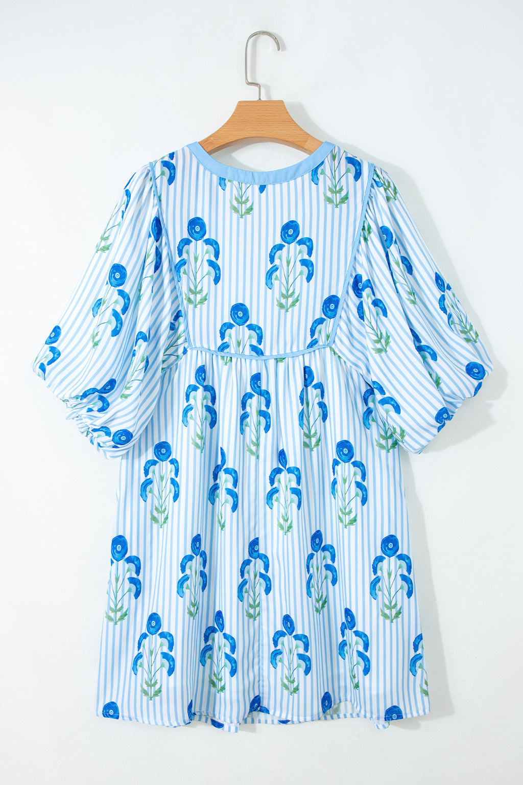 Floral Striped Puff Sleeve Flared Mini Dress