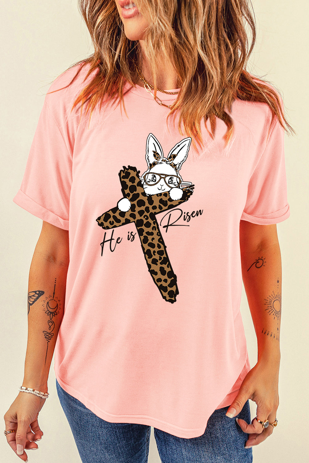 He is Risen Easter Bunny Leopard Cross Graphic Tee