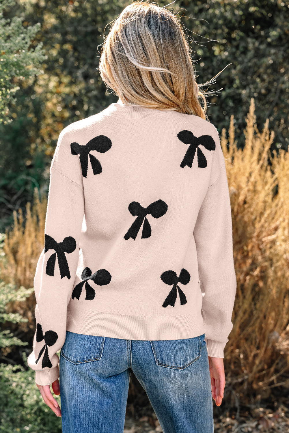 Bright Pink Pearl Embellished Bow Pattern Loose Sweater