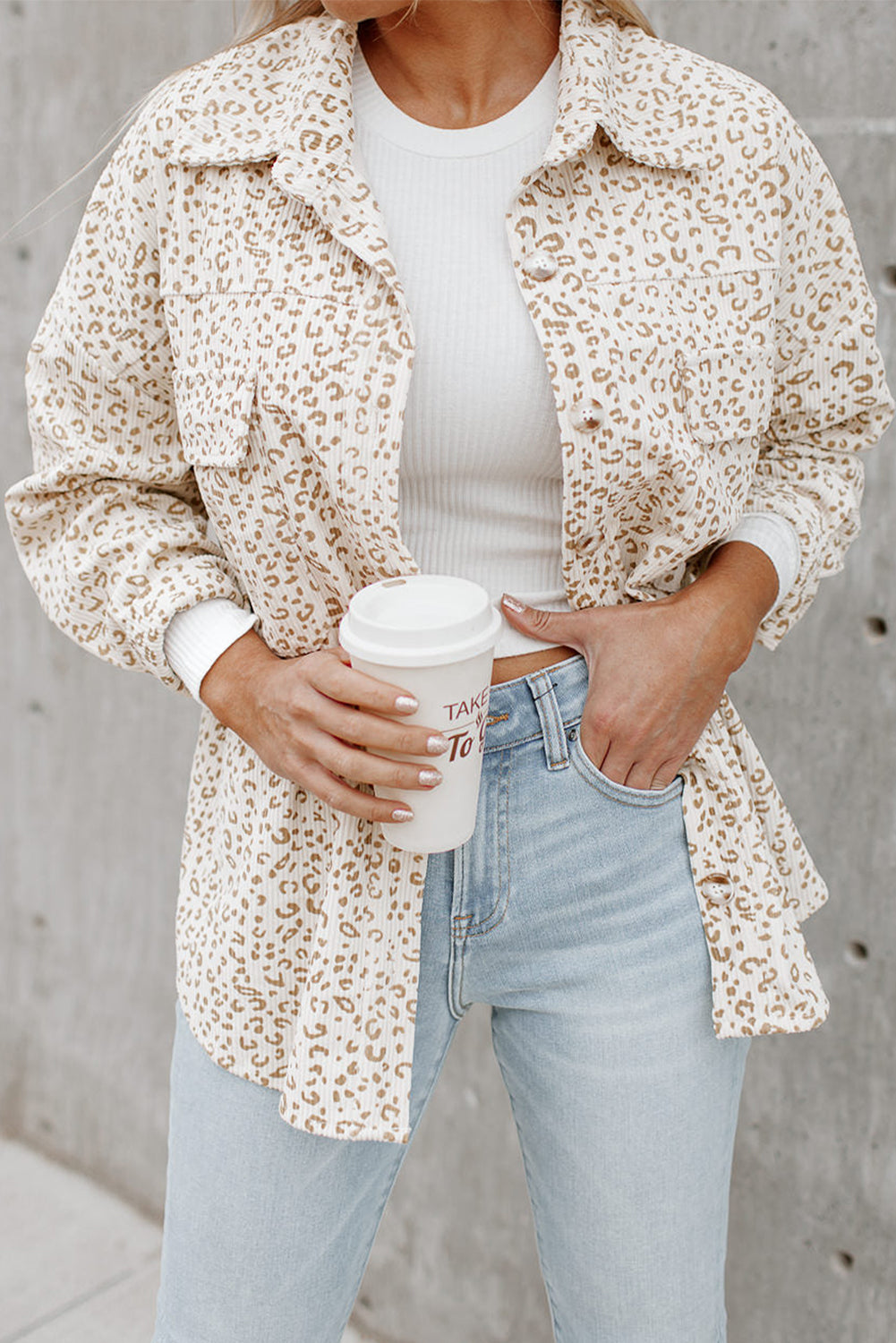 Leopard Print Buttoned Corduroy Shacket