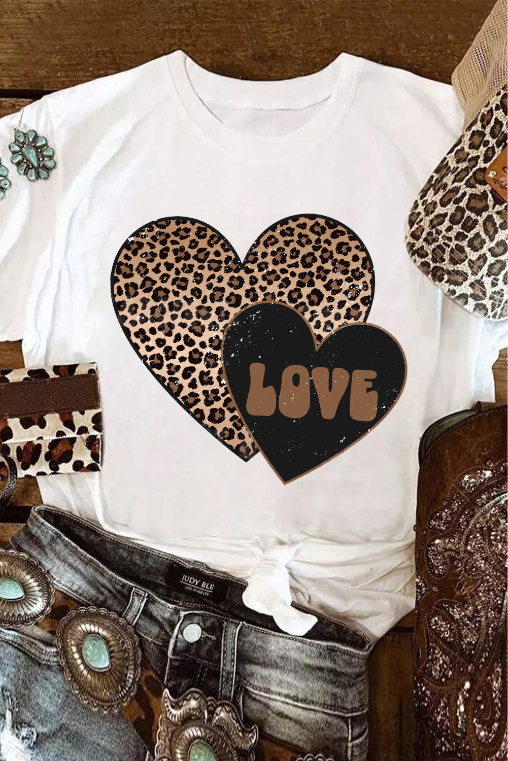 Leopard Love Double Heart Graphic Tee