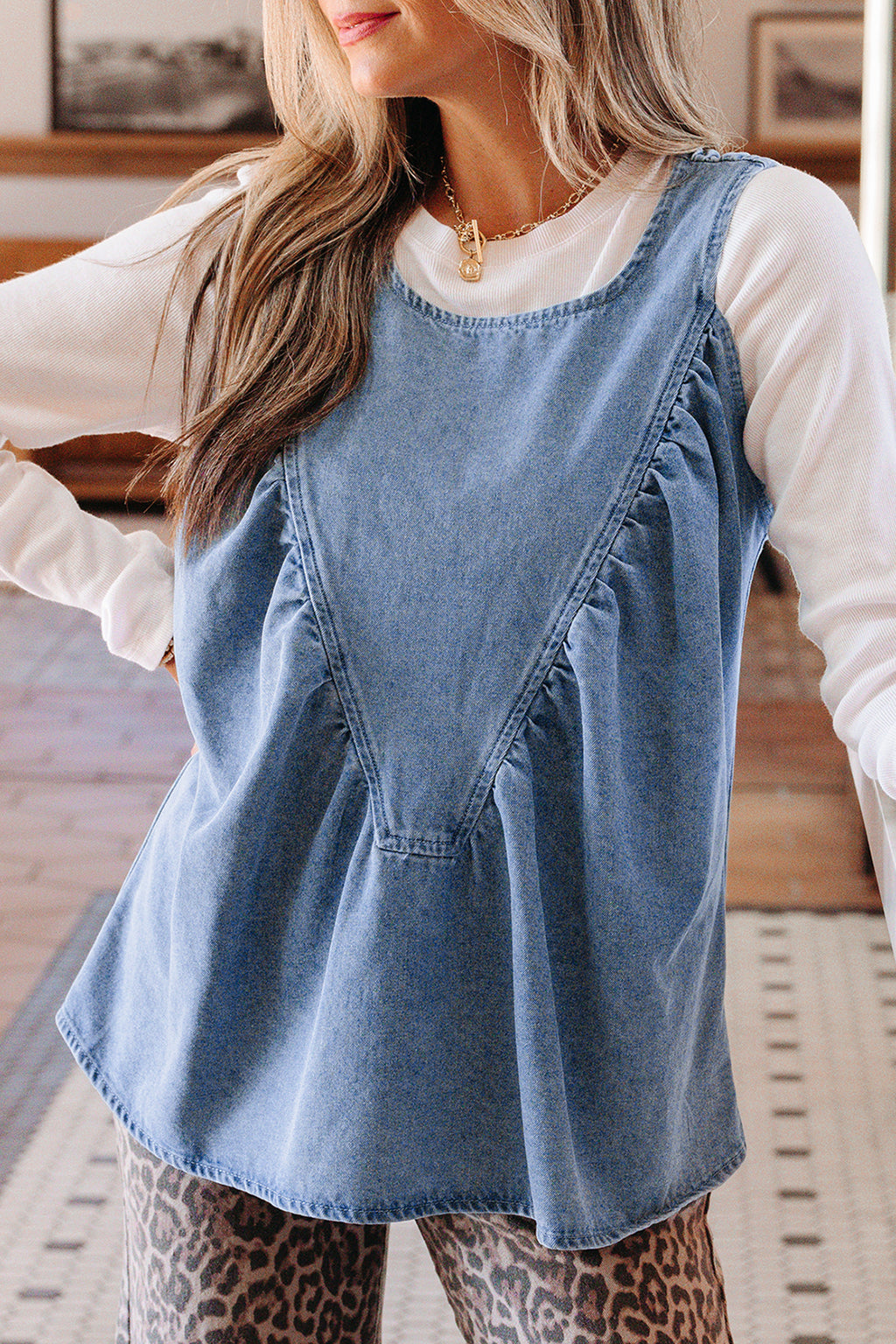 Denim Pleated Patchwork Sleeveless Top