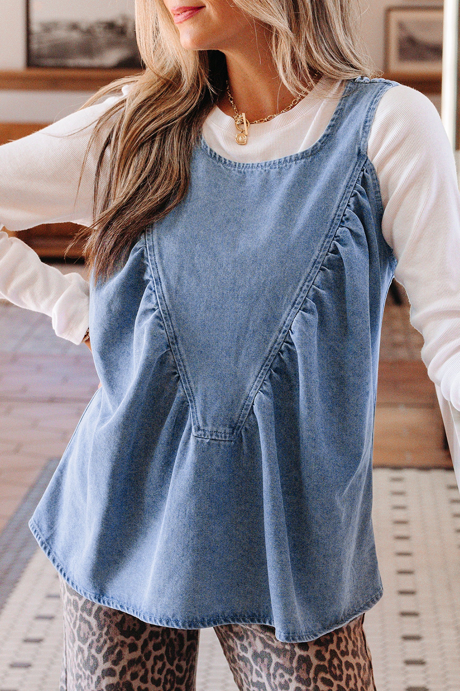 Denim Pleated Patchwork Sleeveless Top