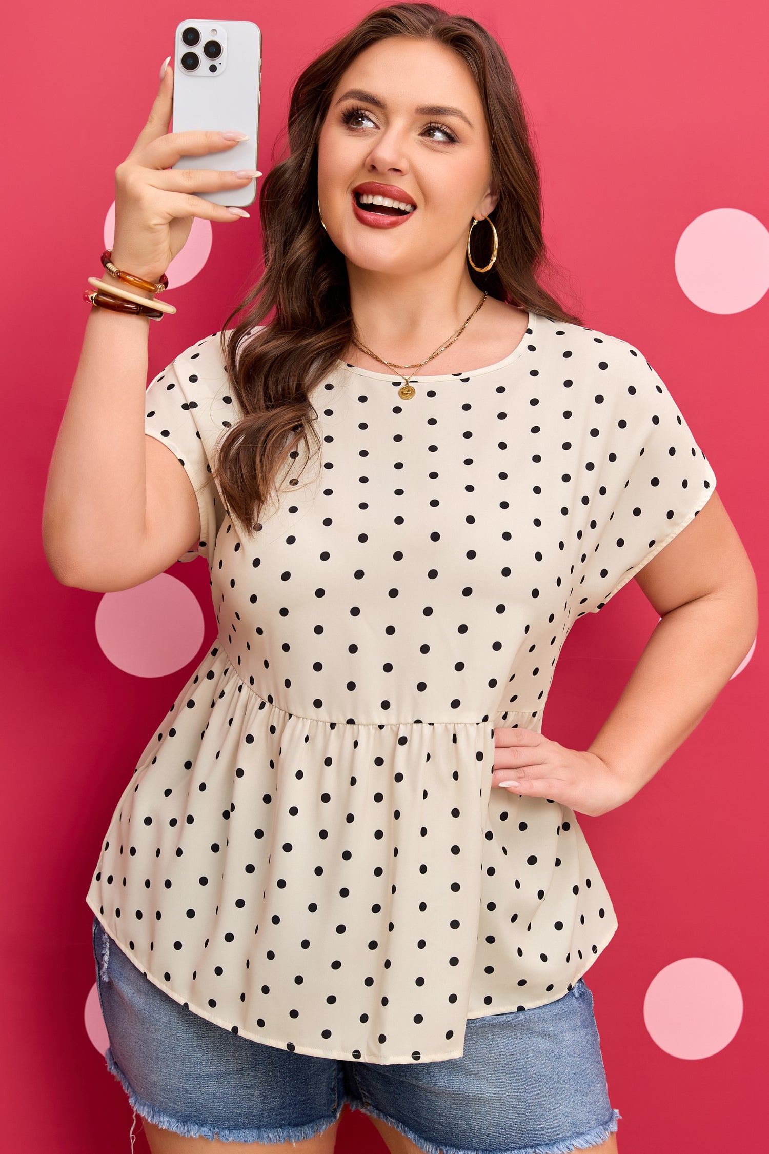 Plus Size Polka Dot Short Sleeve Blouse