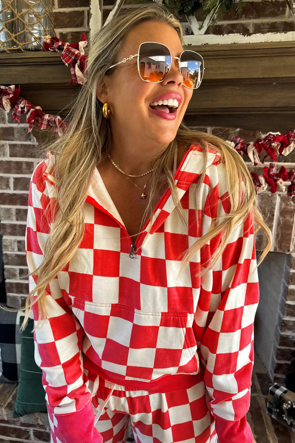 Checkered Half Zip Hoodie & Loose Pant Set