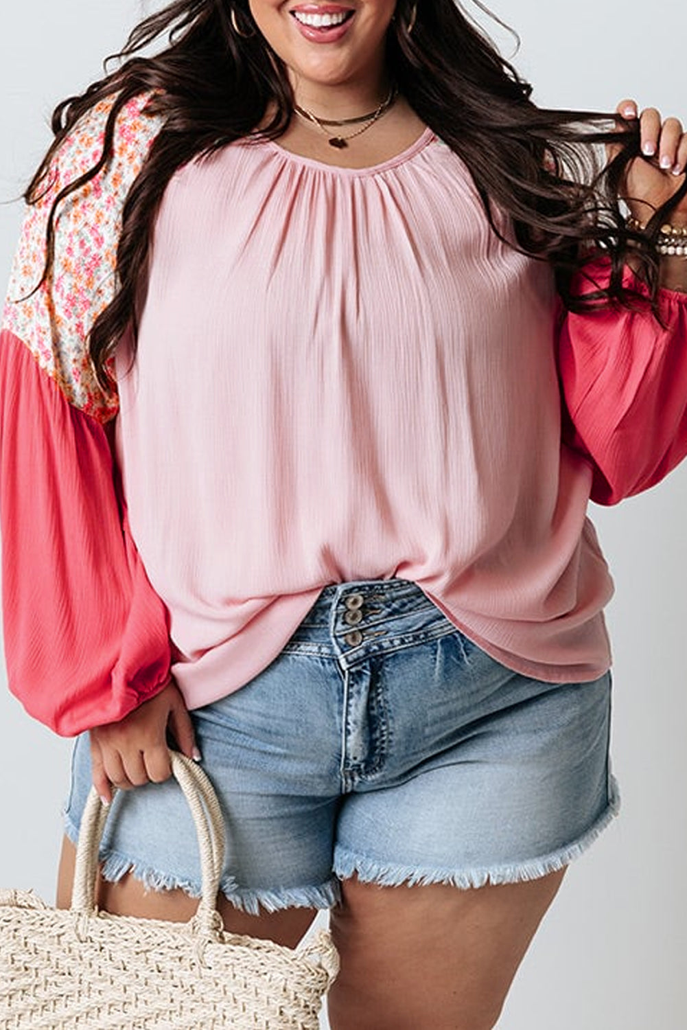 Plus Size Floral Patchwork Long Sleeve Blouse