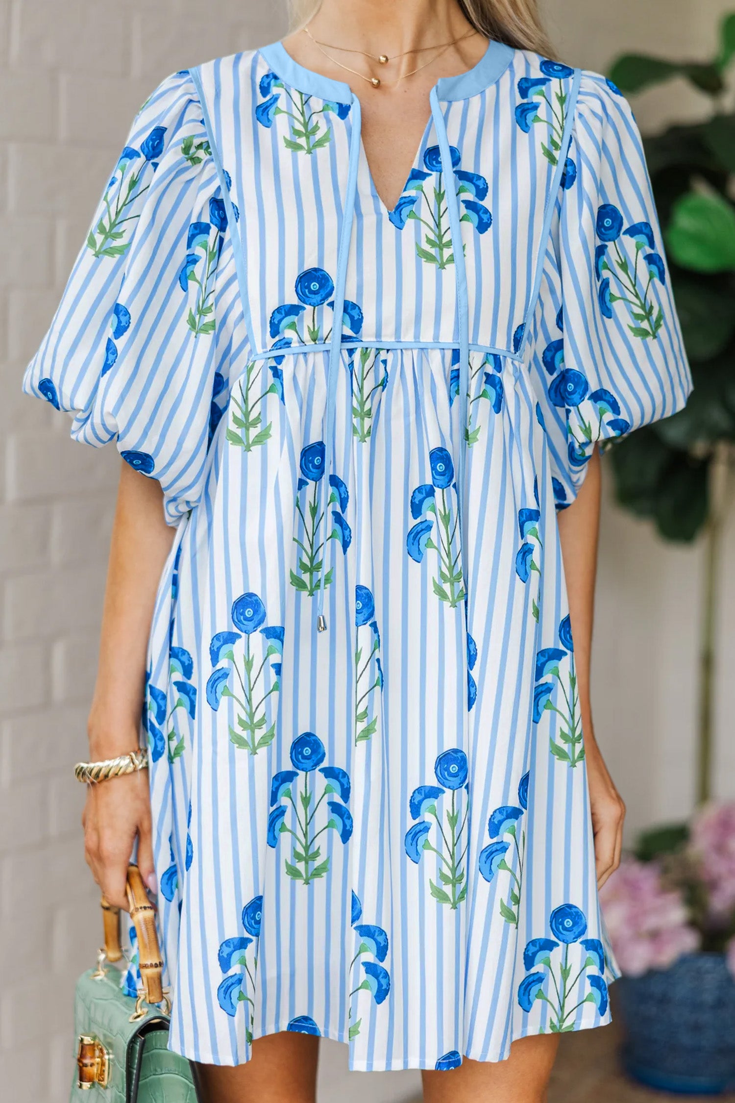 Floral Striped Puff Sleeve Flared Mini Dress