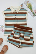 Striped Button Polo Tee 2pcs Short Set