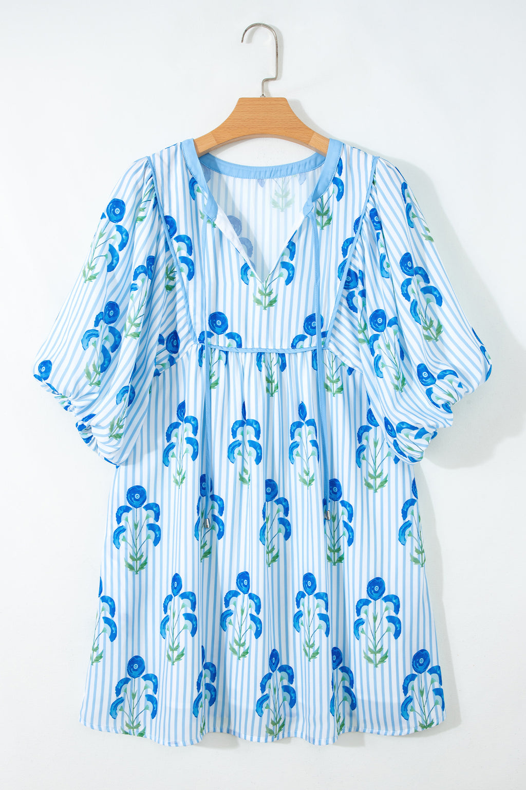 Floral Striped Puff Sleeve Flared Mini Dress