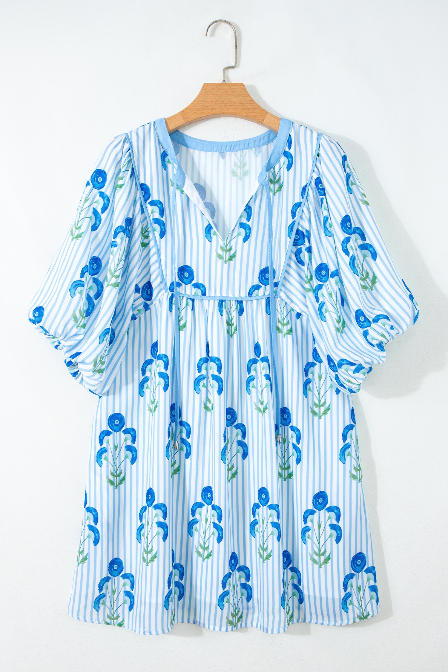 Floral Striped Puff Sleeve Flared Mini Dress