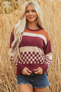 Brown Checkered Color Block Knitted Drop Shoulder Sweater