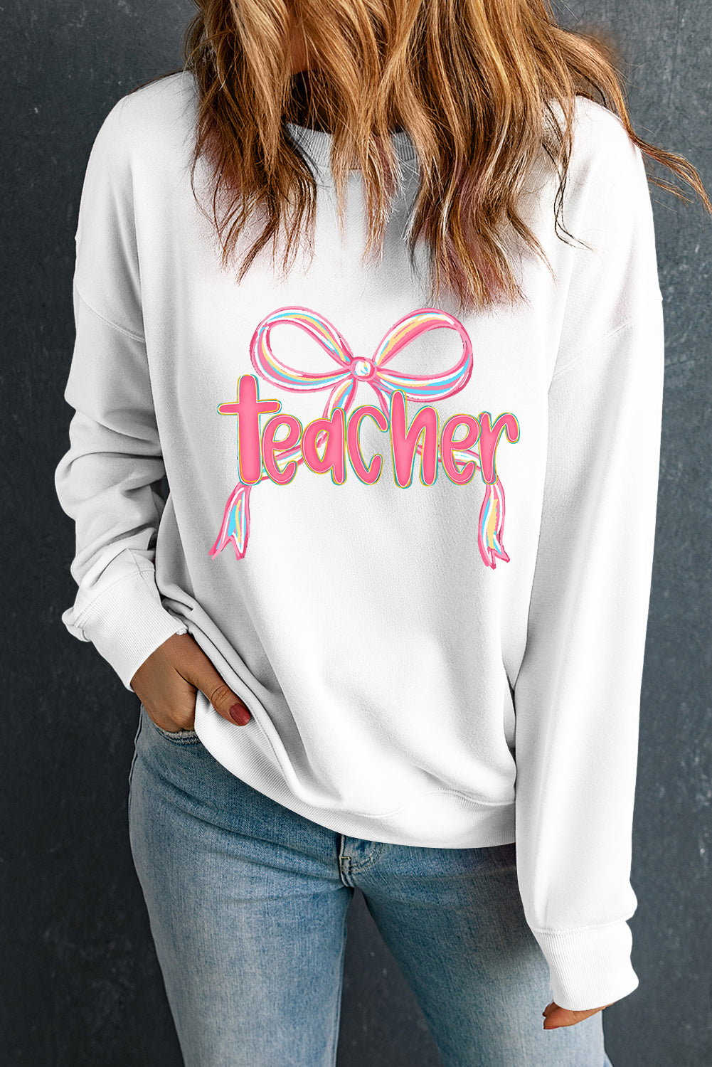 Teacher Bow Graphic Pullover Sweatshirt