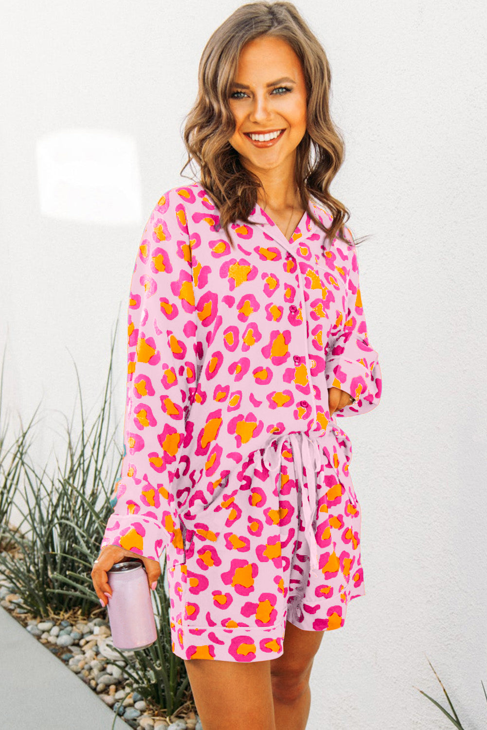 Leopard Long Sleeve Shirt and Shorts Pajama Set
