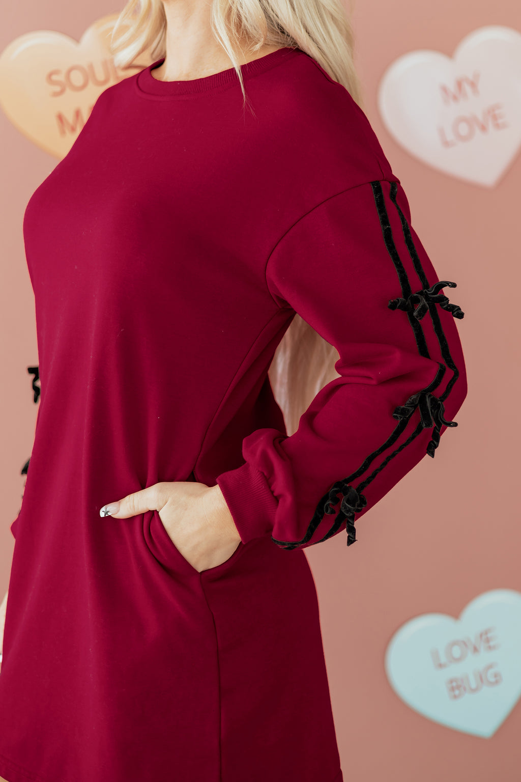 Striped Bow Sweatshirt Dress with Pockets