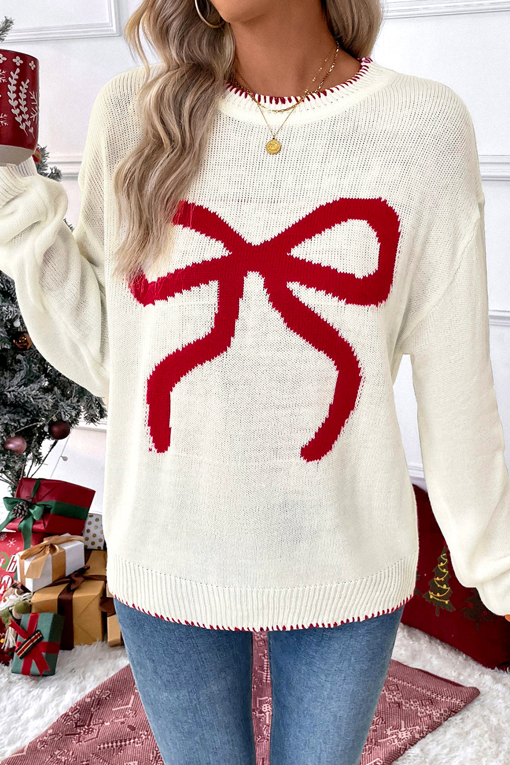 Bow Pattern Loose Graphic Sweater