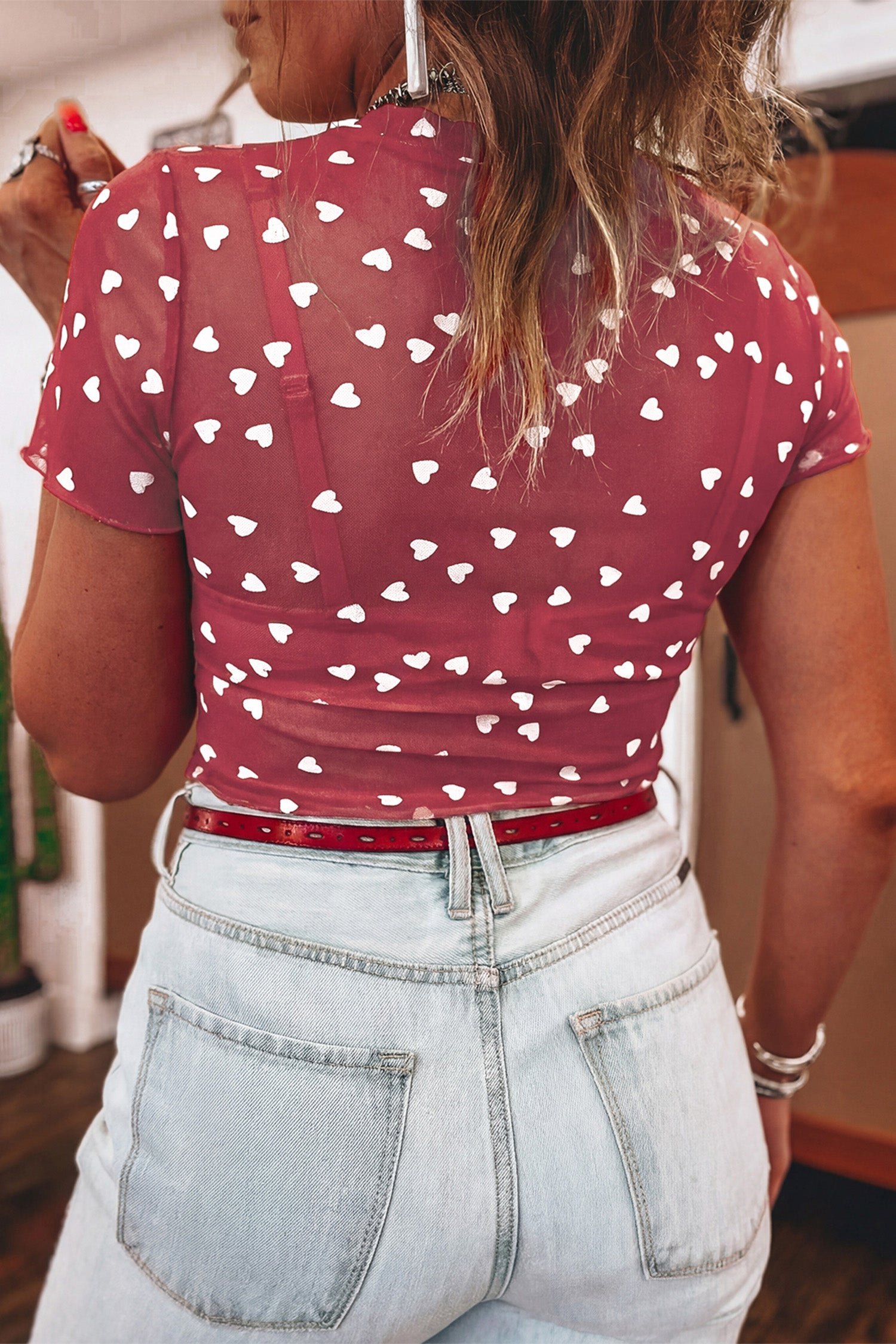 Heart Mesh Short Sleeve Top