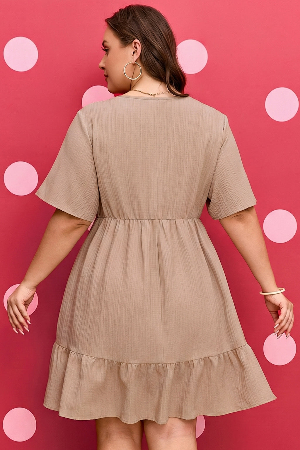 Dark Khaki Plus Size Textured Ruffled Short Sleeve Dress