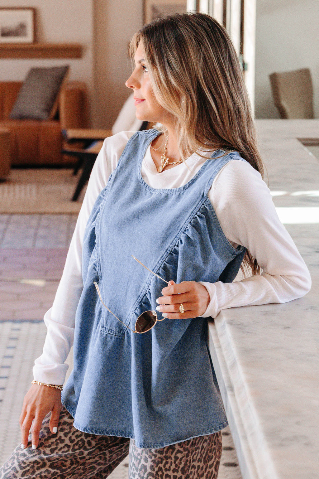 Denim Pleated Patchwork Sleeveless Top