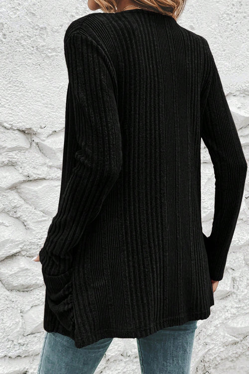 Black Ribbed Open Front Knitted Top with Pockets
