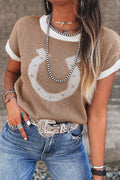 Goat Horse Shoe Pattern Contrast Trim Short Sleeve Sweater