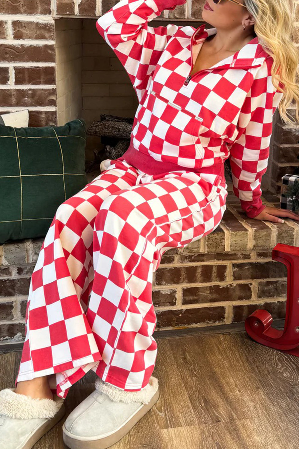 Checkered Half Zip Hoodie & Loose Pant Set
